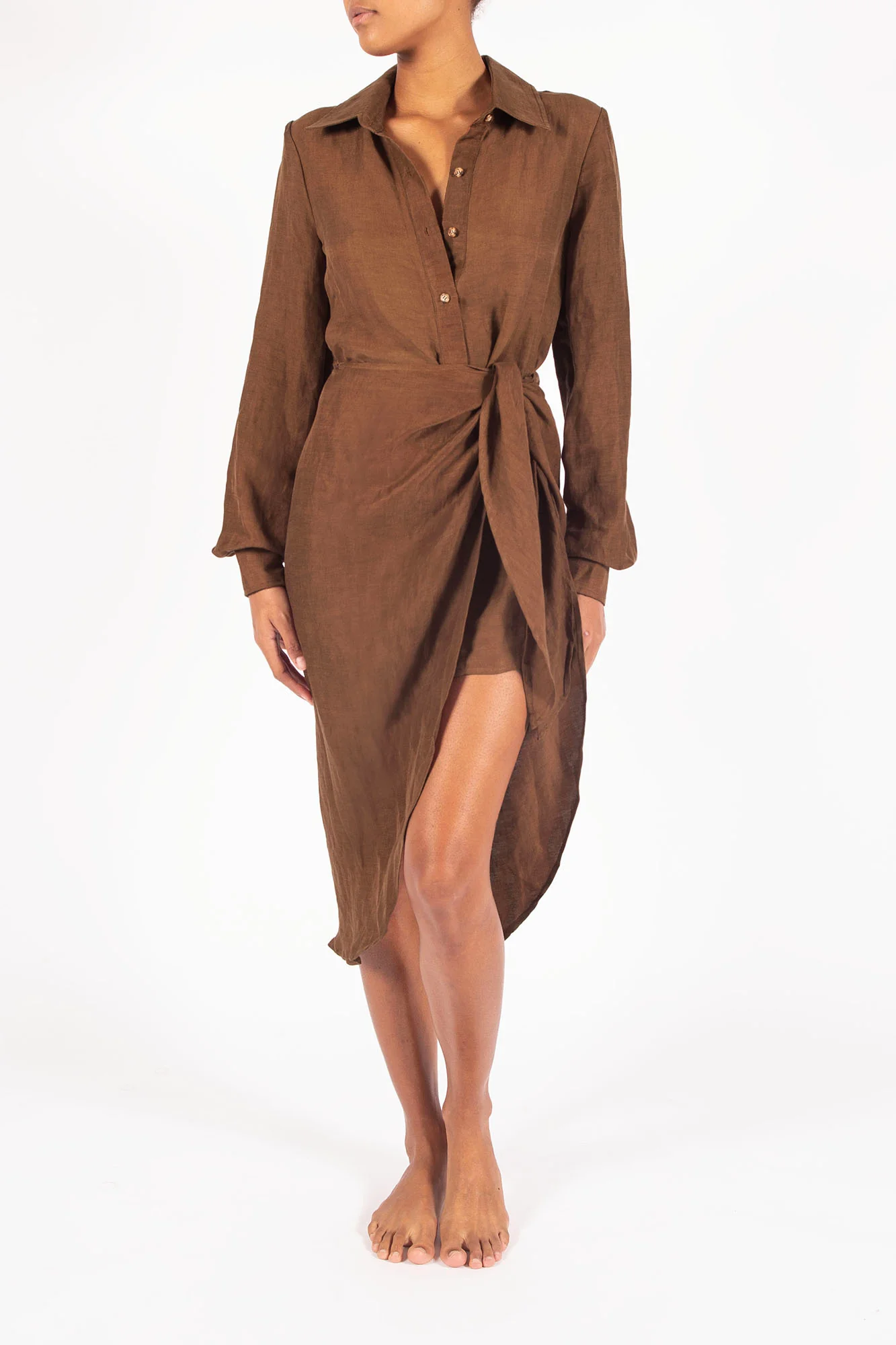 L.A. Button Down Asymmetric Wrap Midi Dress in Cupro Linen Blend - Image 3